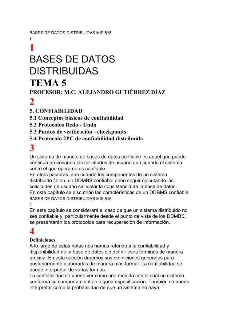 Imágen de pdf BASES DE DATOS DISTRIBUIDAS MIS 515 - CONFIABILIDAD